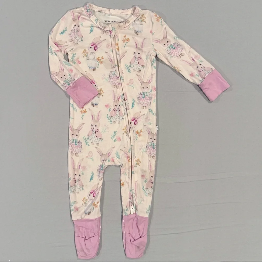 Posh Peanut Clementine Convertible One Piece Girls 6-9M Bunnies Sleeper Bamboo